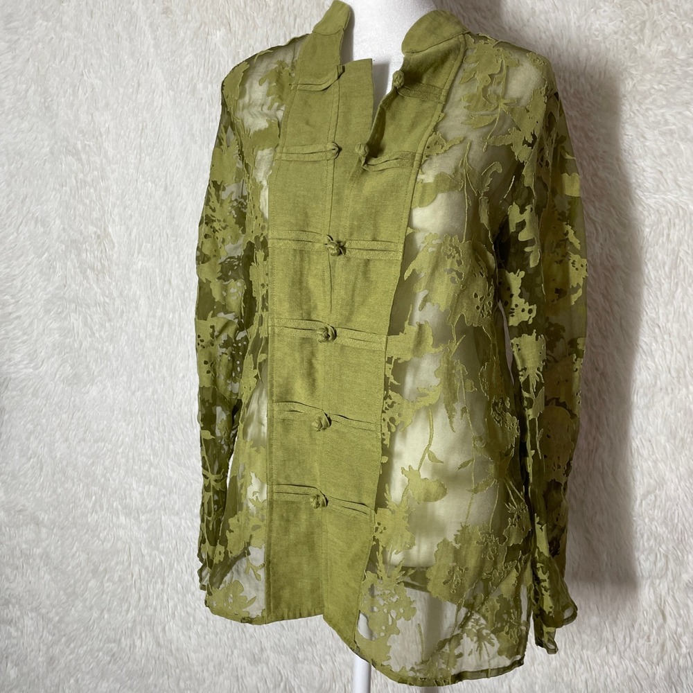 Olive Green Floral Devore Sheer Linen Blend Lagenlook Artsy Frog Button Top Sz 0